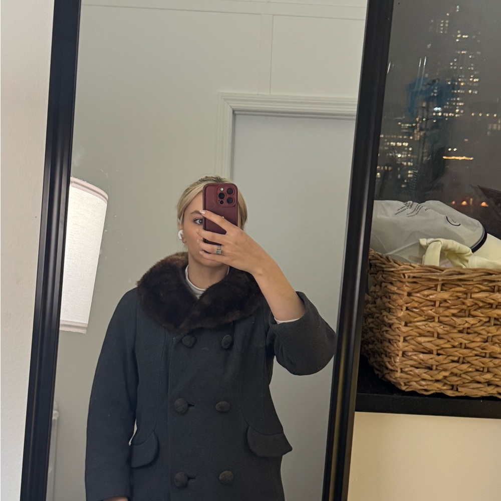 Women's Double-Breasted Gray Coat with Faux Fur Collar